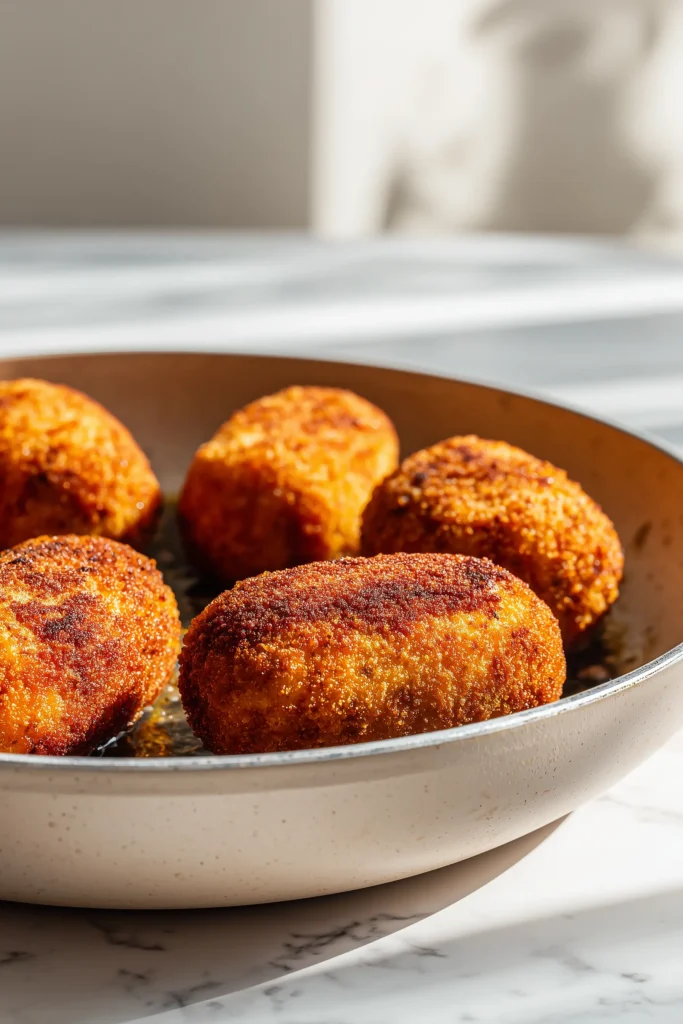 Crispy Spinach and Cheese Croquettes 3 Croquettes sizzling in a skillet as they become golden and crispy for Crispy Spinach and Cheese Croquettes.