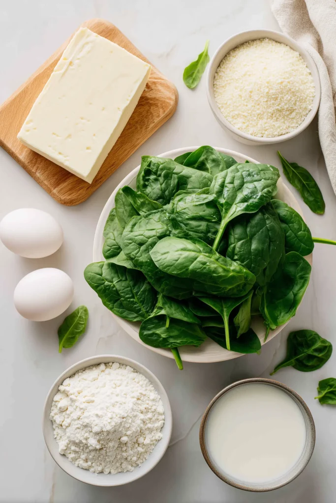 Crispy Spinach and Cheese Croquettes 2 Bowls and blocks of fresh spinach, cheese, breadcrumbs, eggs, flour, and milk for Crispy Spinach and Cheese Croquettes on a pale wood surface.