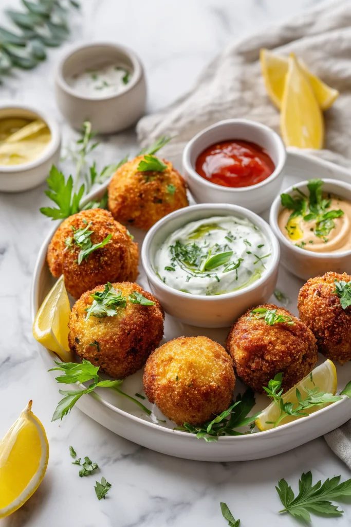 Crispy Spinach and Cheese Croquettes 4 Serving platter of Crispy Spinach and Cheese Croquettes with herbs and sauces for dipping.