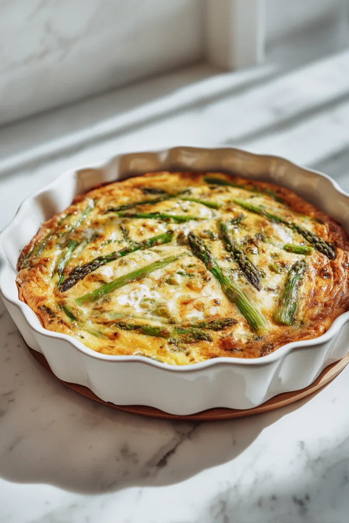 Crustless Asparagus Quiche Recipe with Feta Cheese 3 Crustless asparagus quiche recipe with feta cheese baking in a white pie dish with puffed edges.