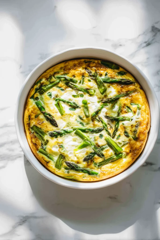 Crustless Asparagus Quiche Recipe with Feta Cheese 1 Overhead view of a crustless asparagus quiche recipe with feta cheese in a white pie dish on marble.