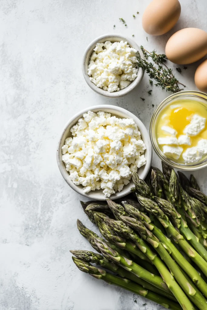 Crustless Asparagus Quiche Recipe with Feta Cheese 2 White bowls of asparagus, feta, eggs, and seasonings for a crustless asparagus quiche recipe with feta cheese on wood.