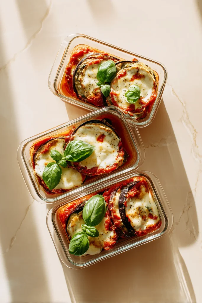 Glass meal prep containers with slices of Eggplant Parmigiana and basil, perfect for storing leftovers.