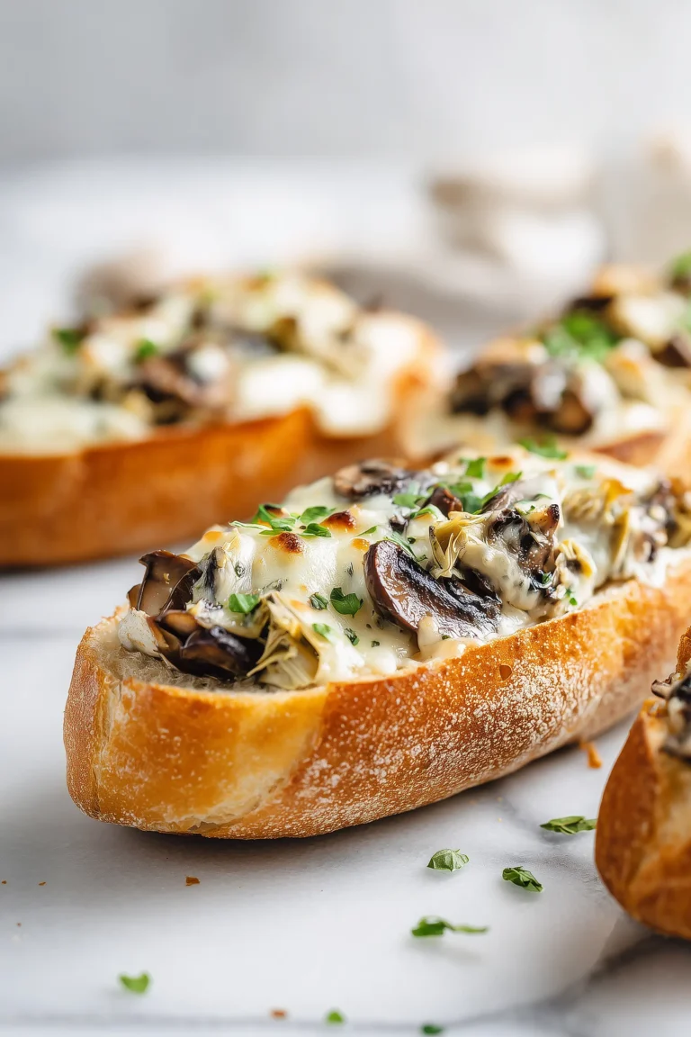 A golden baguette overflowing with cheesy artichoke and mushroom filling.