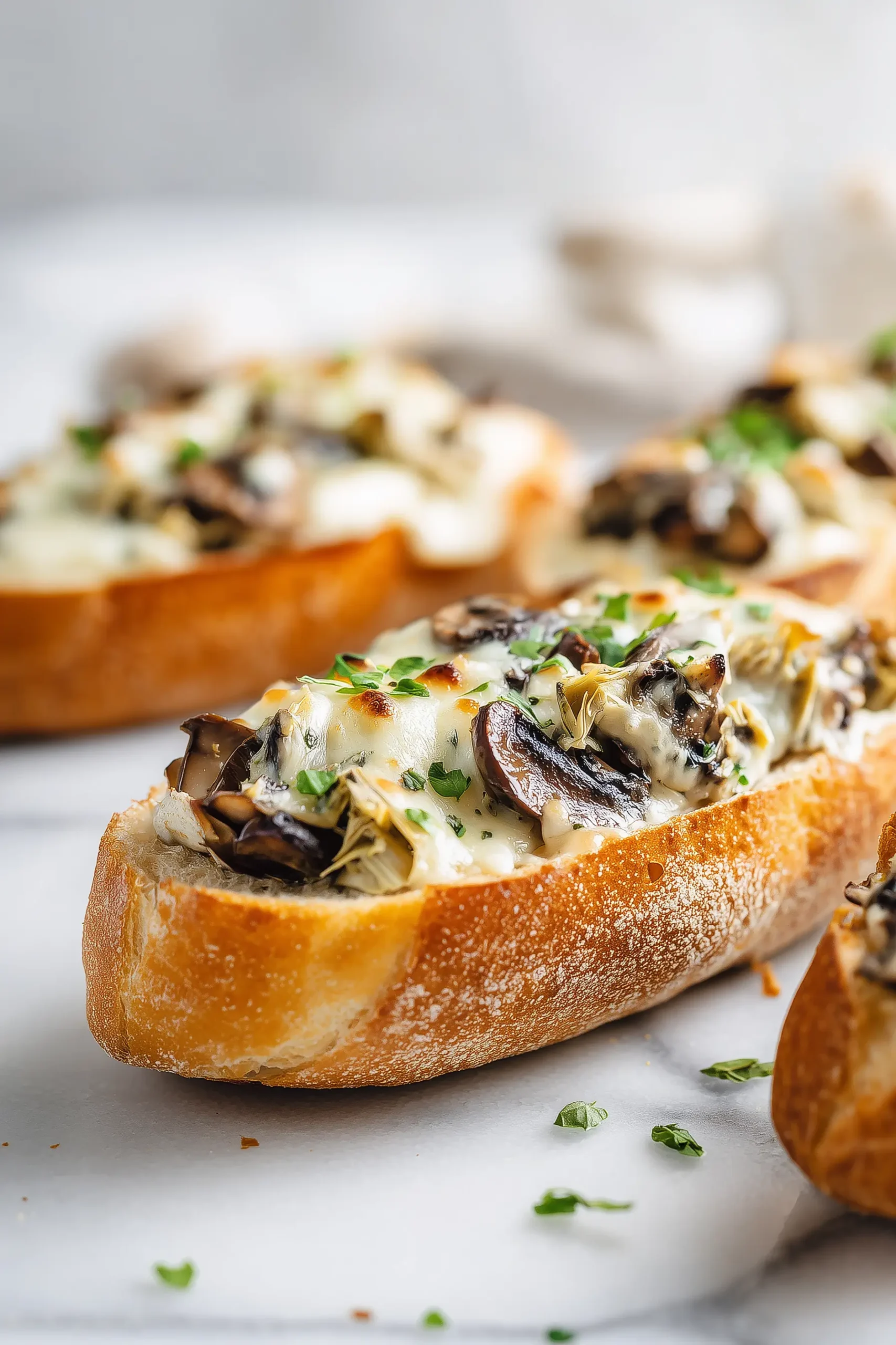 A golden baguette overflowing with cheesy artichoke and mushroom filling.