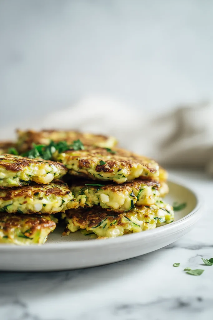Cottage Cheese Zucchini Fritters 1 A plate of Cottage Cheese Zucchini Fritters with golden, crispy edges and creamy centers, garnished with herbs on a bright marble background.
