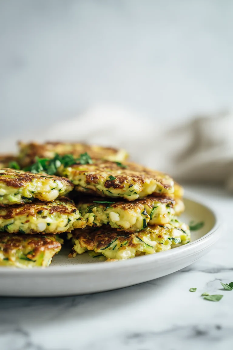 A plate of Cottage Cheese Zucchini Fritters with golden, crispy edges and creamy centers, garnished with herbs on a bright marble background.