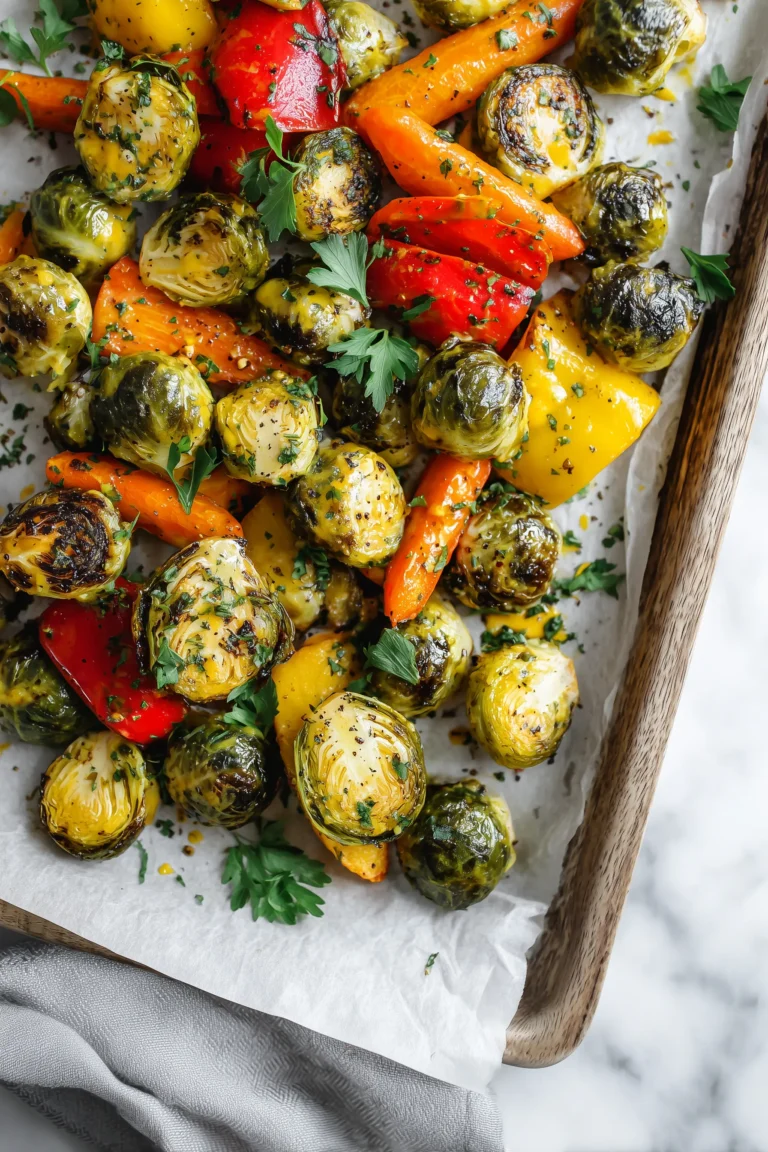 A sheet pan of Cowboy Butter Roasted Vegetables with golden edges and vibrant colors.