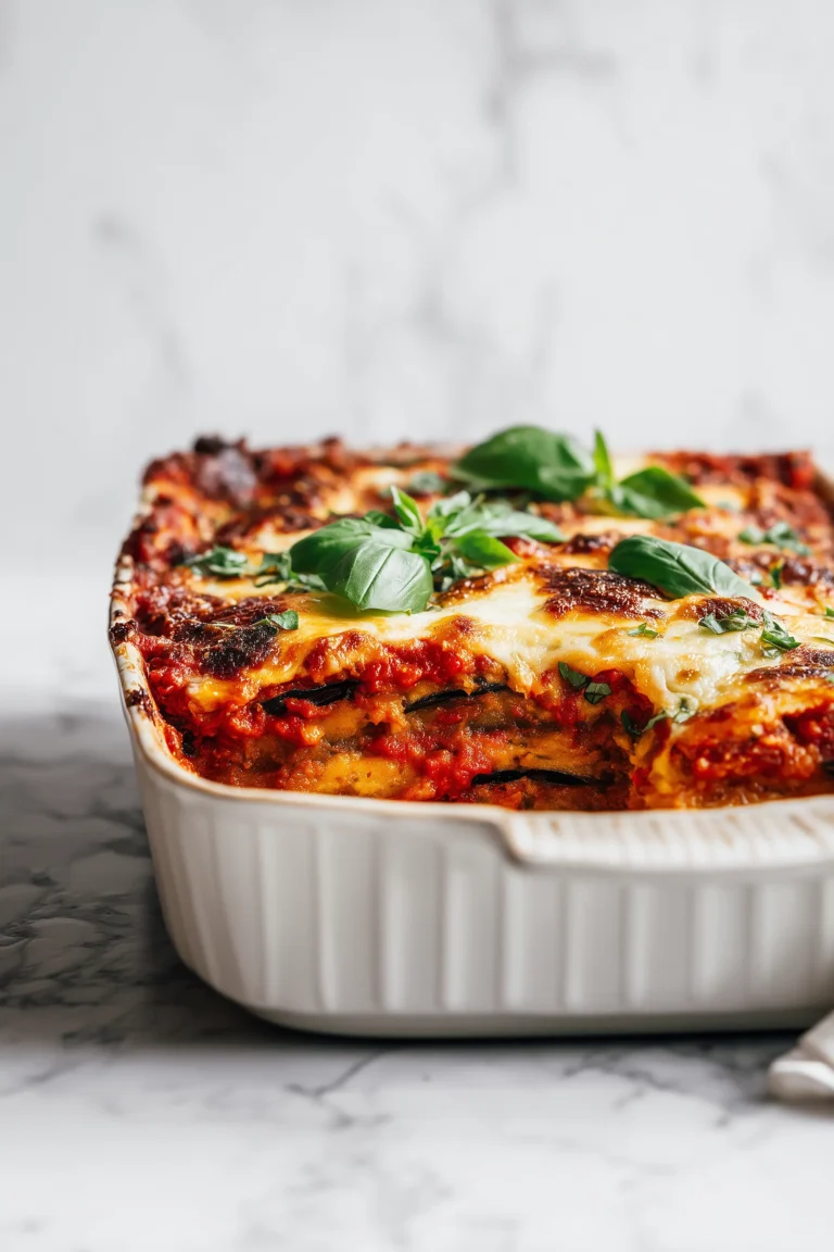 Eggplant Parmigiana casserole with golden, crisped layers and melted cheese on a white marble background.