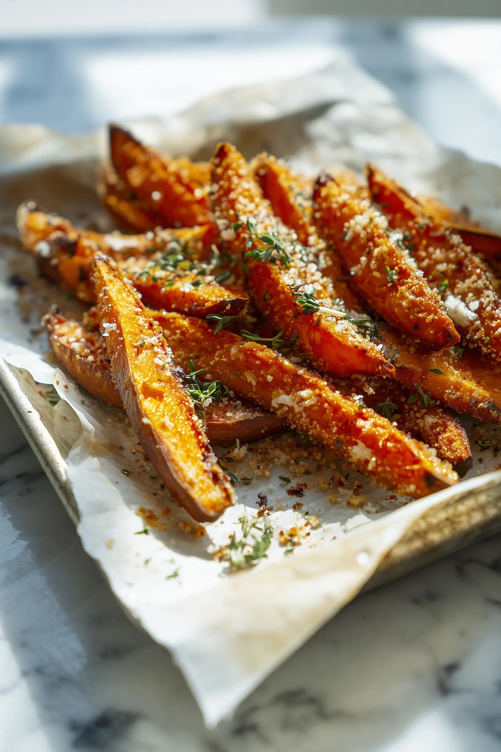 Overhead view of Garlic Parmesan Sweet Potato Wedges, golden and crispy on a baking tray, dusted with Parmesan cheese.
