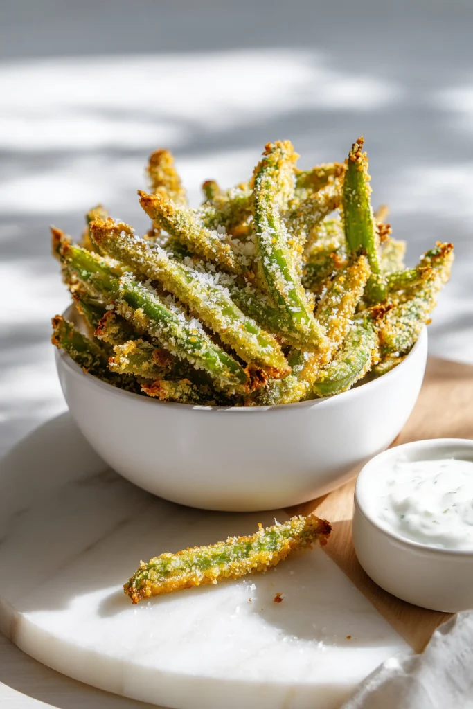 A close-up of air fryer green bean fries with golden Parmesan-panko coating on a white marble surface, highlighting the crispy texture and vibrant green color.