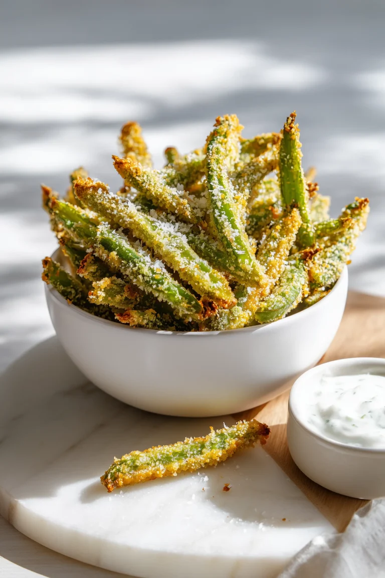 A close-up of air fryer green bean fries with golden Parmesan-panko coating on a white marble surface, highlighting the crispy texture and vibrant green color.