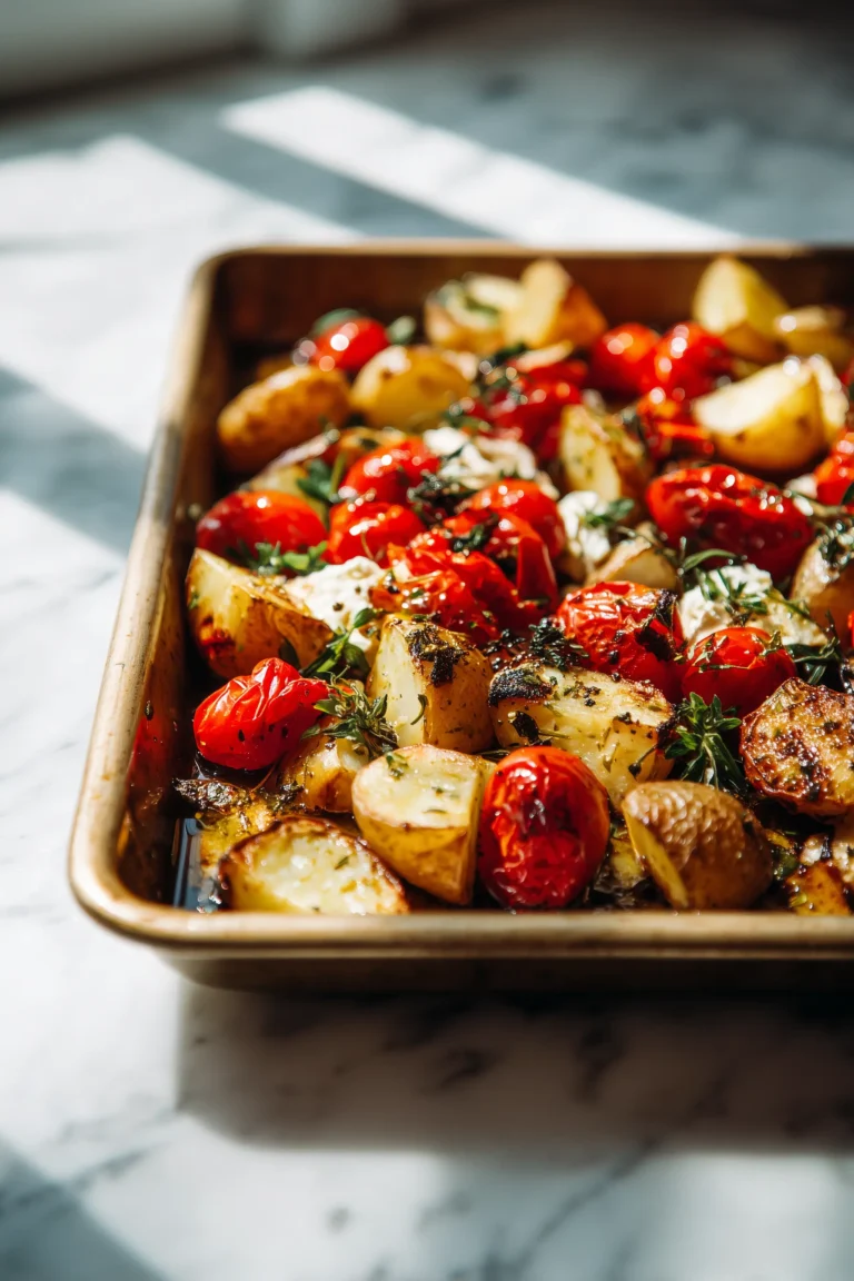 A tray of roasted mediterranean potatoes with feta and tomatoes, featuring golden potatoes, melted feta, and juicy tomatoes on a marble background.