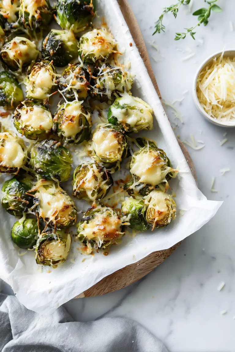 A pan of sheet pan parmesan brussels sprouts with golden cheese on a marble surface.