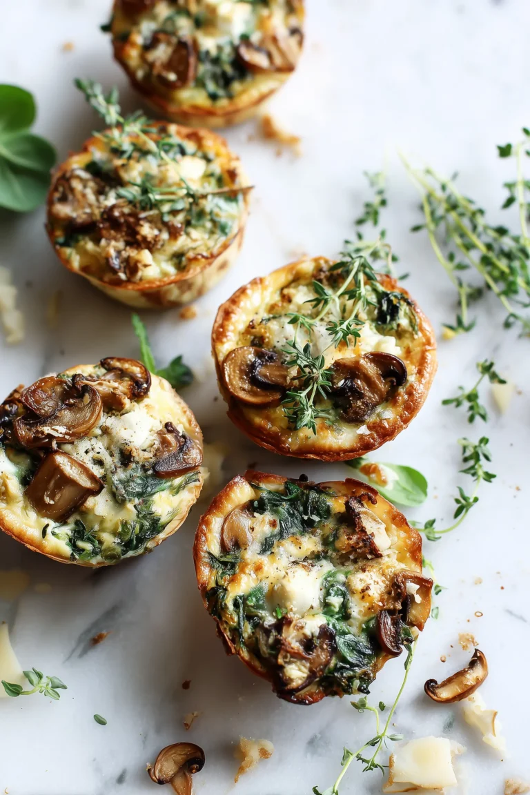 Fresh-baked mouthwatering spinach and mushroom quiche muffins cooling on a marble countertop.