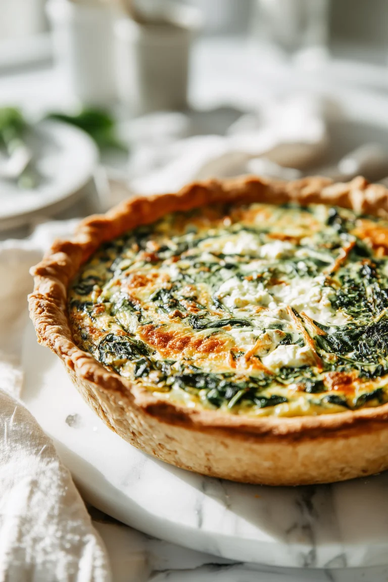 A Spinach Ricotta Quiche with golden crust and creamy filling cooling on a white marble surface.