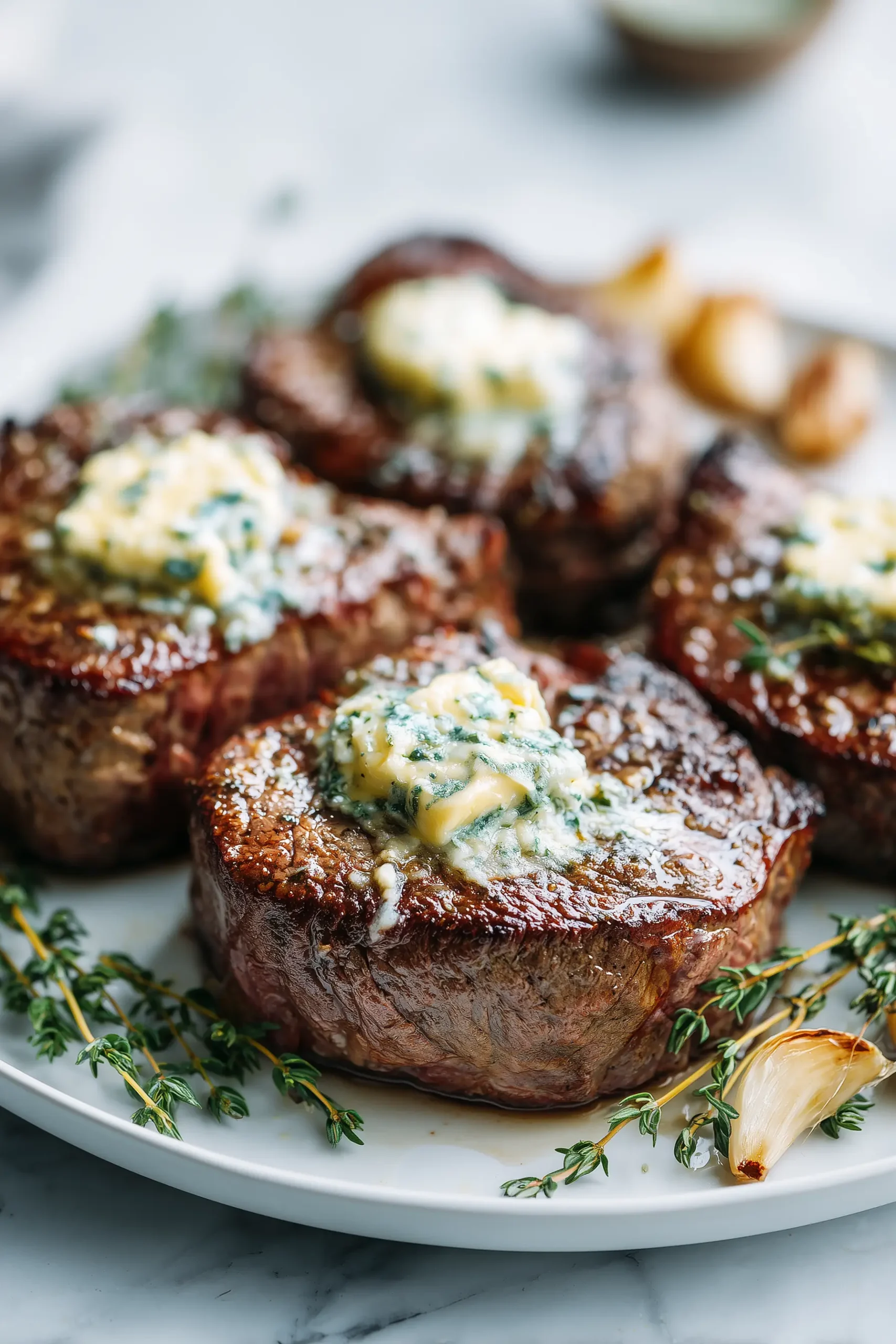 A perfectly cooked filet mignon from Ruth’s Chris Steakhouse’s Filet Mignon Recipe on a white plate with butter and herbs.