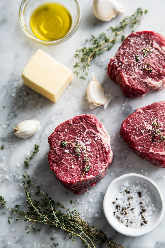 Ruth’s Chris Steakhouse’s Filet Mignon Recipe 2 Overhead view of ingredients for Ruth’s Chris Steakhouse’s Filet Mignon Recipe, including steaks, butter, herbs, and seasonings on a marble surface.