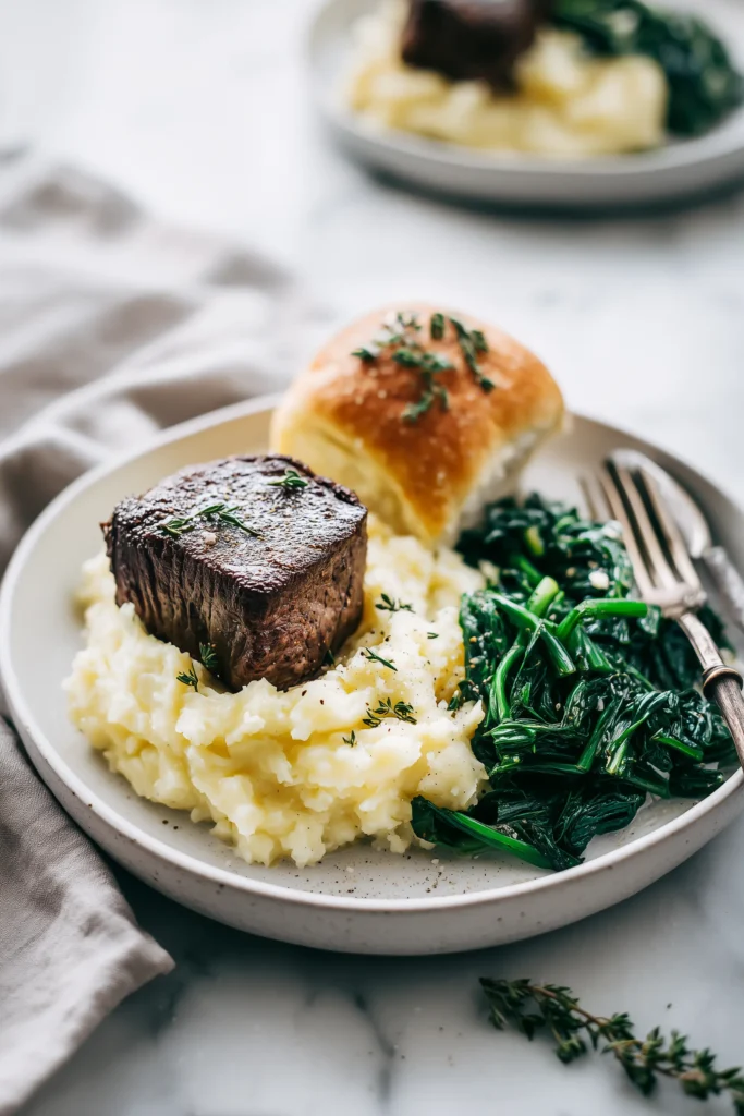 Ruth’s Chris Steakhouse’s Filet Mignon Recipe 4 Serving of Ruth’s Chris Steakhouse’s Filet Mignon Recipe with mashed potatoes, greens, and roll on a white plate.