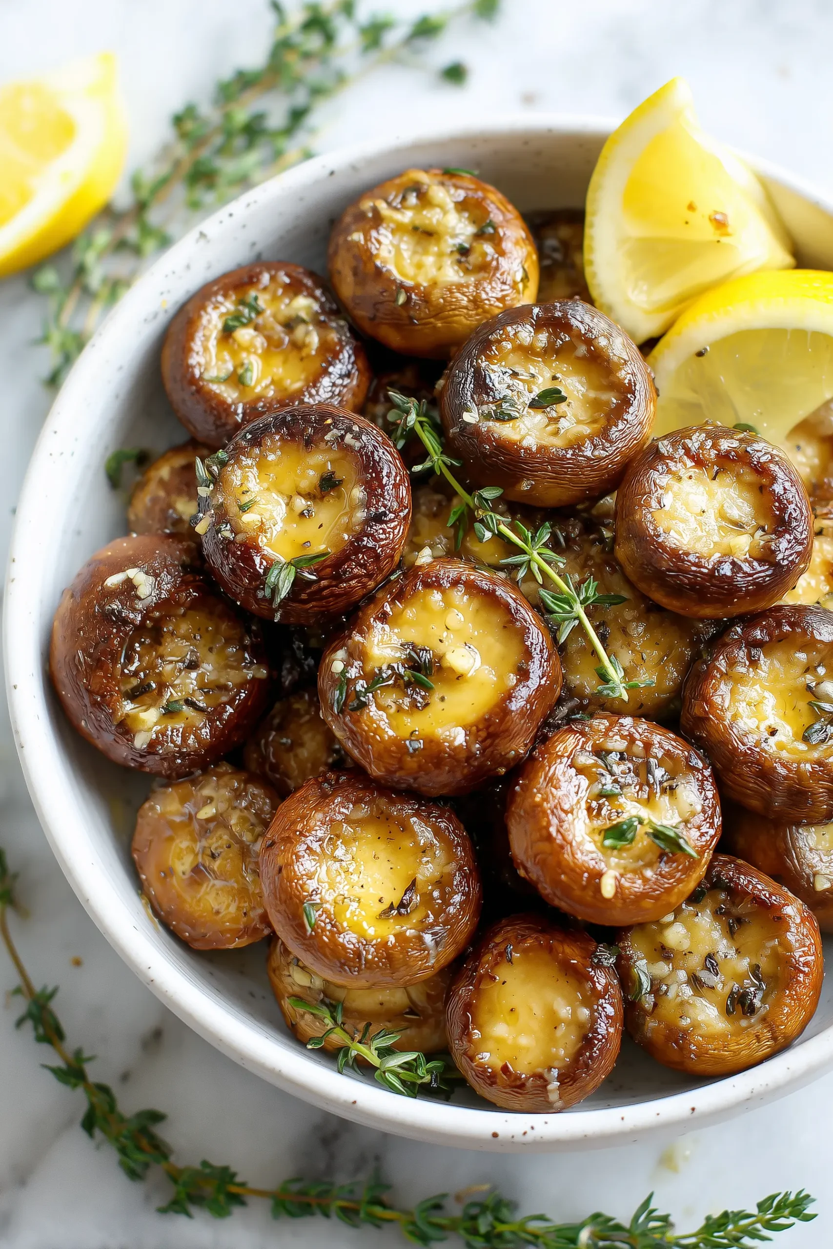 Juicy Garlic Butter Roasted Mushrooms arranged in a white bowl with herbs and lemon on a bright marble background.