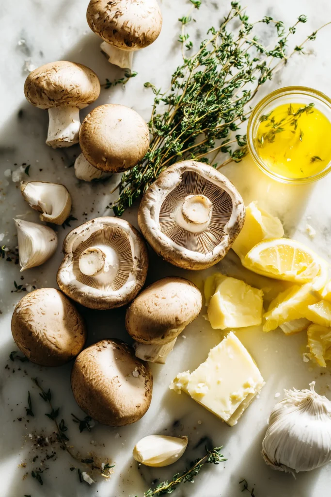 Garlic Butter Roasted Mushrooms 2 The ingredients for Garlic Butter Roasted Mushrooms laid out on a bright marble surface.