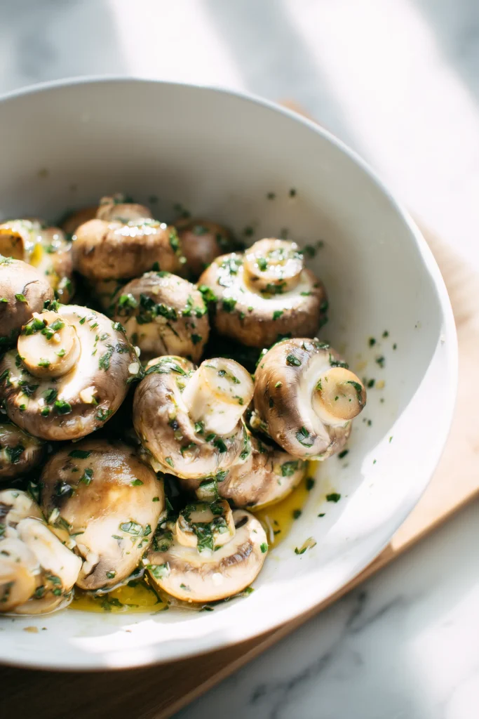 Garlic Butter Roasted Mushrooms 3 Raw mushrooms glistening in a garlic butter and herb mixture inside a white bowl.