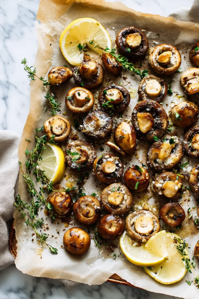 Garlic Butter Roasted Mushrooms 4 Golden Garlic Butter Roasted Mushrooms scattered on a parchment-lined baking sheet with fresh herbs.