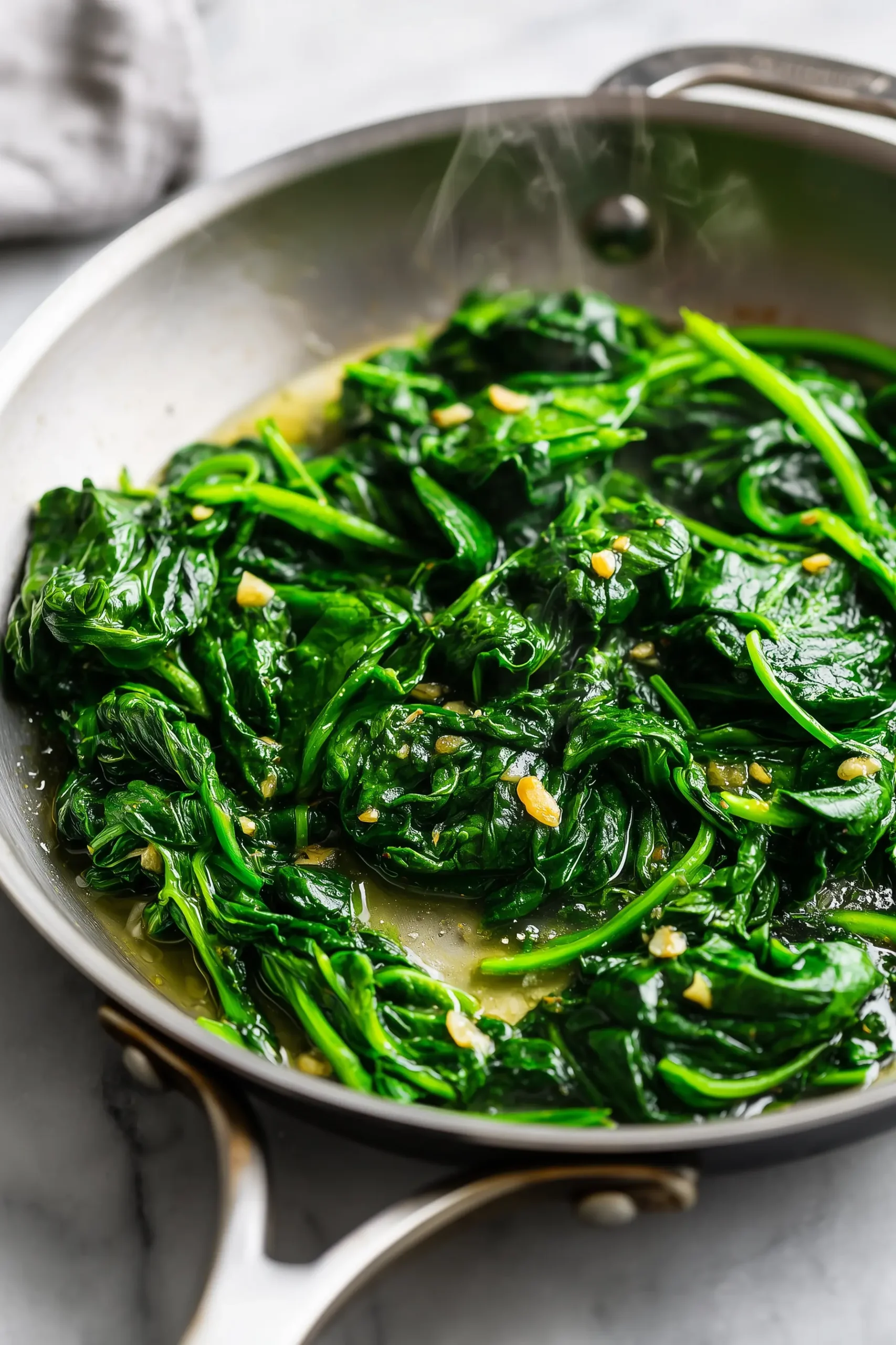 A skillet of garlic butter sauteed spinach with shiny, tender leaves and bits of golden garlic.