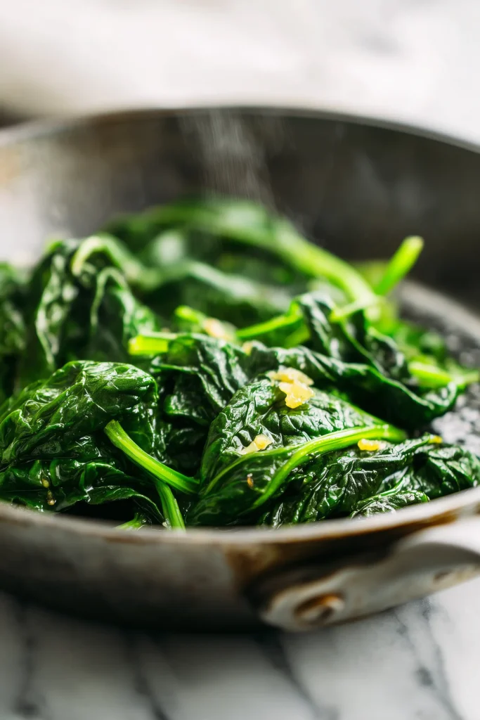 Spinach wilting in a skillet with melted butter and garlic for garlic butter sauteed spinach.