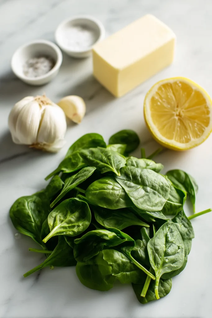 Fresh spinach, garlic, butter, lemon, and seasoning for garlic butter sauteed spinach on a marble background.