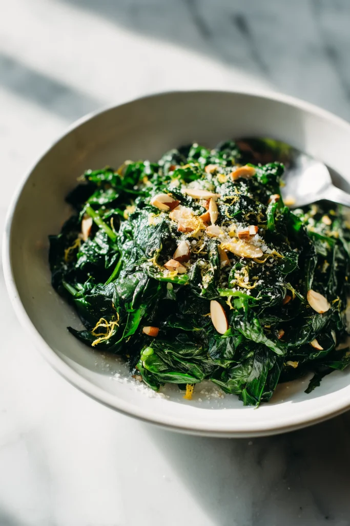 Sauteed spinach variation with lemon zest, parmesan, and almonds for garlic butter sauteed spinach.