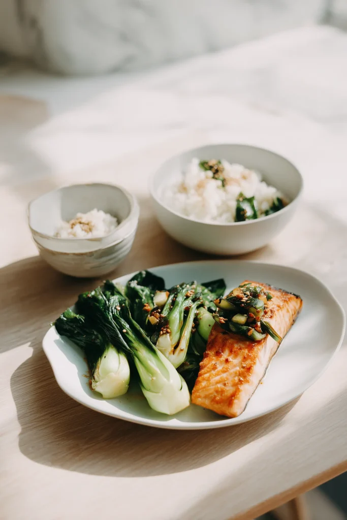 Garlic Ginger Bok Choy 4 Bright modern image showing Garlic Ginger Bok Choy served next to rice and salmon as a comforting side dish.