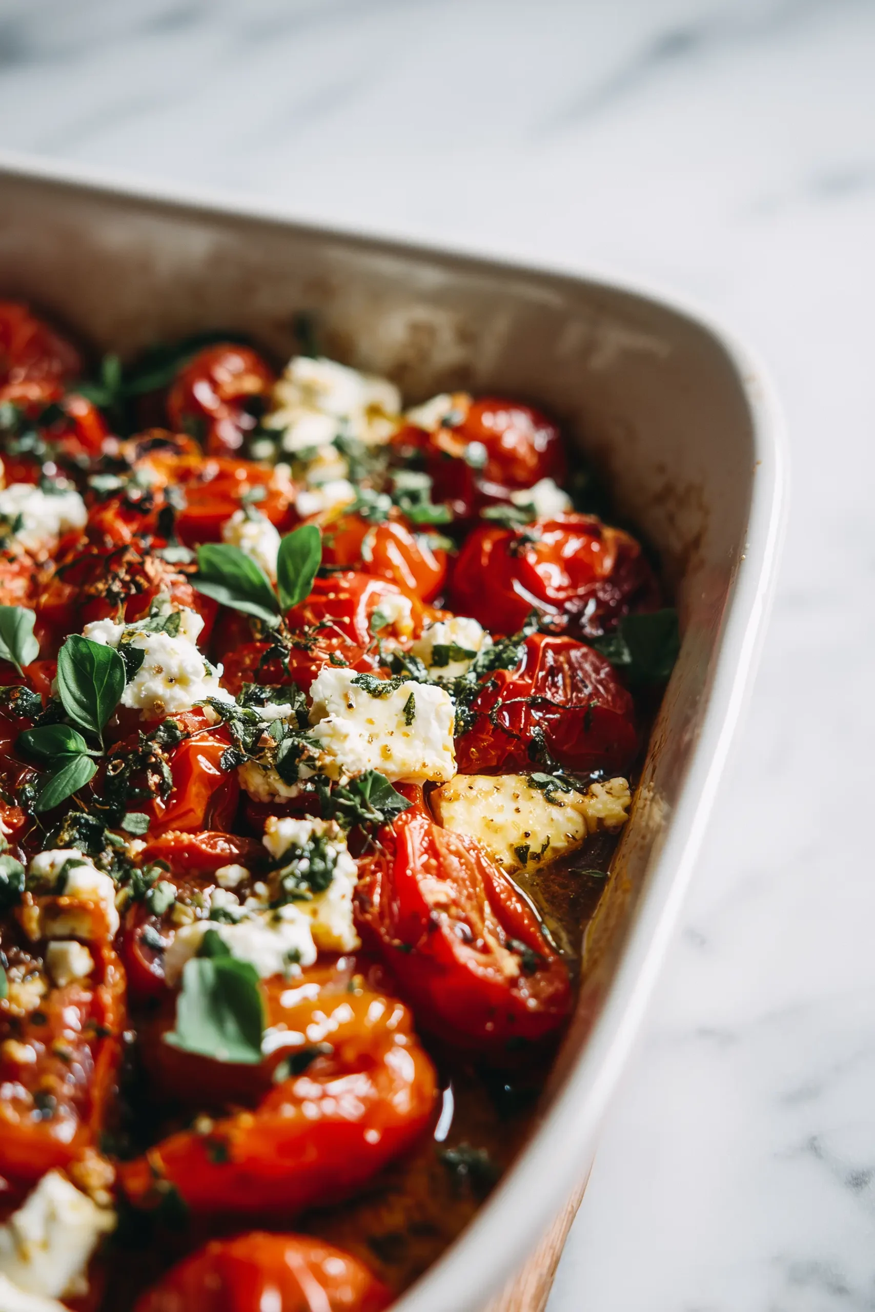 A dish of Garlic Roasted Tomatoes with Feta and Basil, showing golden tomatoes, melting feta, and fresh basil on a bright surface.