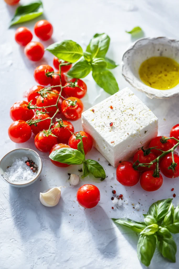 Ingredients for Garlic Roasted Tomatoes with Feta and Basil including tomatoes, feta, basil, garlic, and olive oil on a light marble surface.