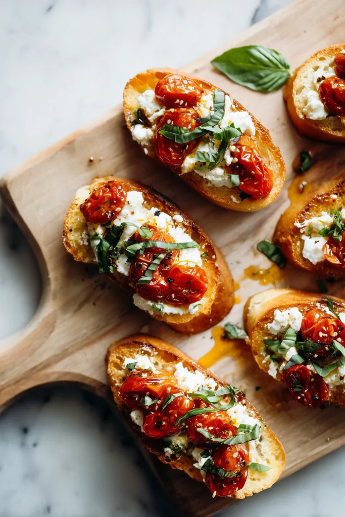 Garlic Roasted Tomatoes with Feta and Basil spooned onto slices of toasted baguette with visible feta and basil.