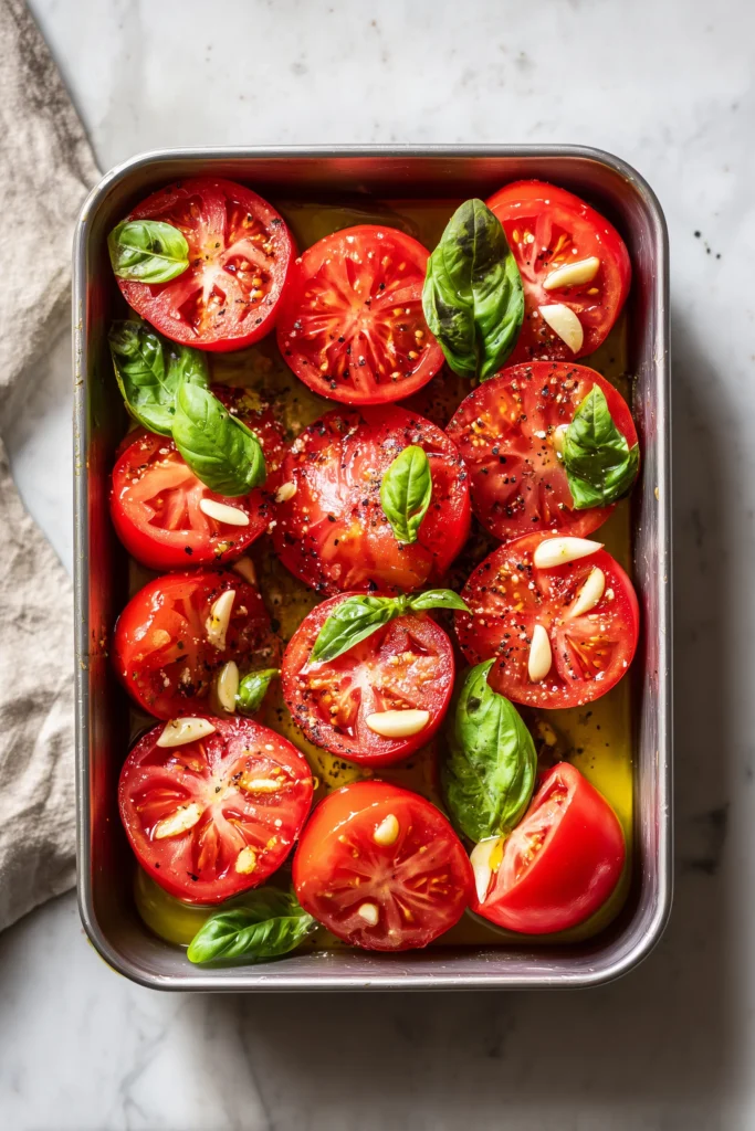 Baking dish with halved tomatoes and garlic ready to be roasted for Garlic Roasted Tomatoes with Feta and Basil.