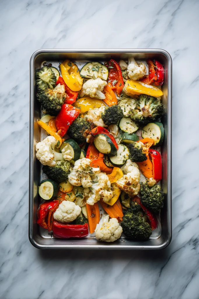 Overhead view of golden roasted broccoli, cauliflower, and carrots arranged on a sheet pan, showcasing the texture and color of Flavorful Garlic Roasted Vegetables.