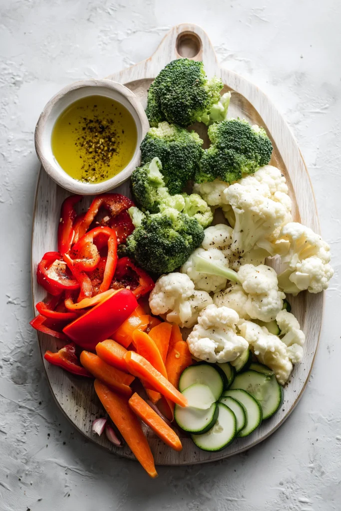 Bowls of raw broccoli, cauliflower, carrots, and peppers next to garlic and oil, ready for making Flavorful Garlic Roasted Vegetables.