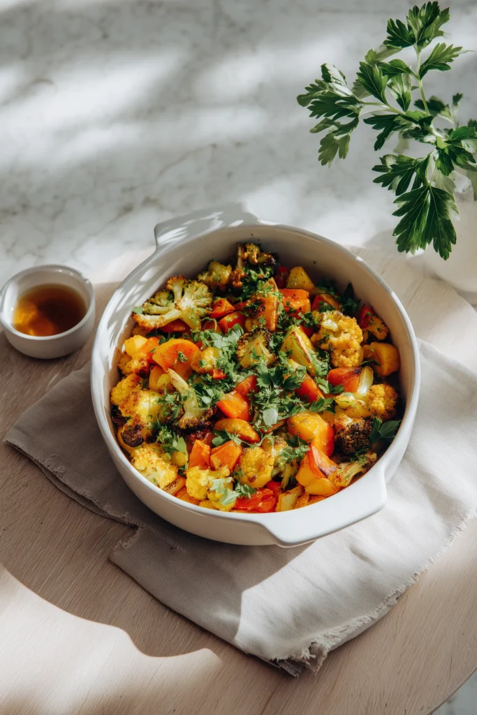 Family-style serving of golden Flavorful Garlic Roasted Vegetables with fresh parsley on a light wood table.