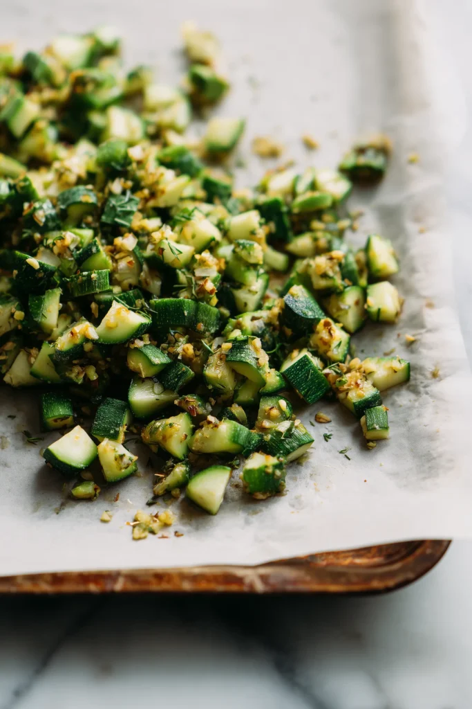 Evenly coated broccoli, carrots, and other vegetables tossed with garlic oil on a parchment-lined pan for Flavorful Garlic Roasted Vegetables.