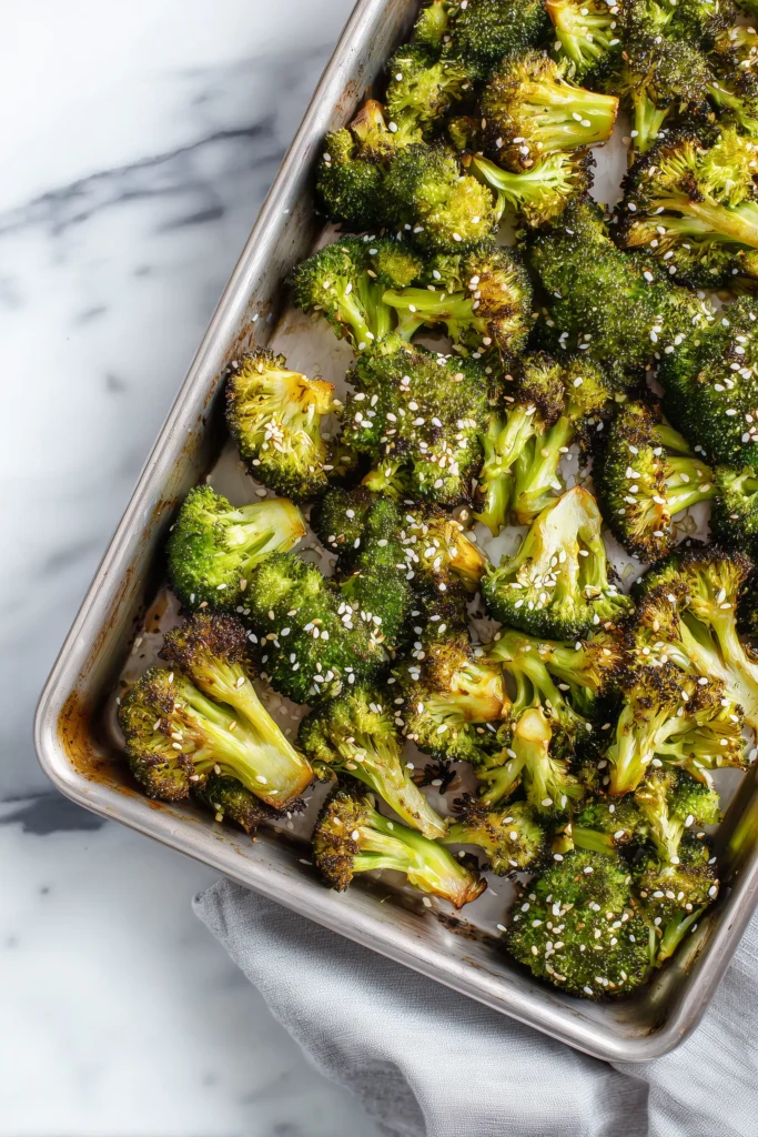Ginger-Garlic Roasted Broccoli 3 Golden, caramelized Ginger-Garlic Roasted Broccoli on a baking sheet, sprinkled with sesame seeds.