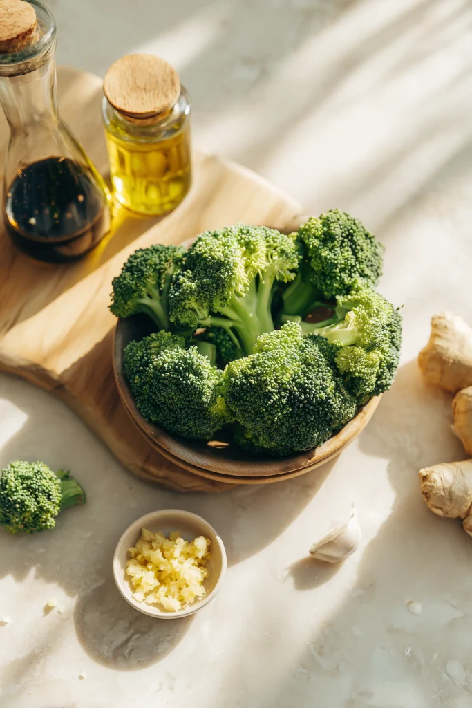 Ginger-Garlic Roasted Broccoli 2 Ingredients for Ginger-Garlic Roasted Broccoli neatly arranged on a light wooden surface.