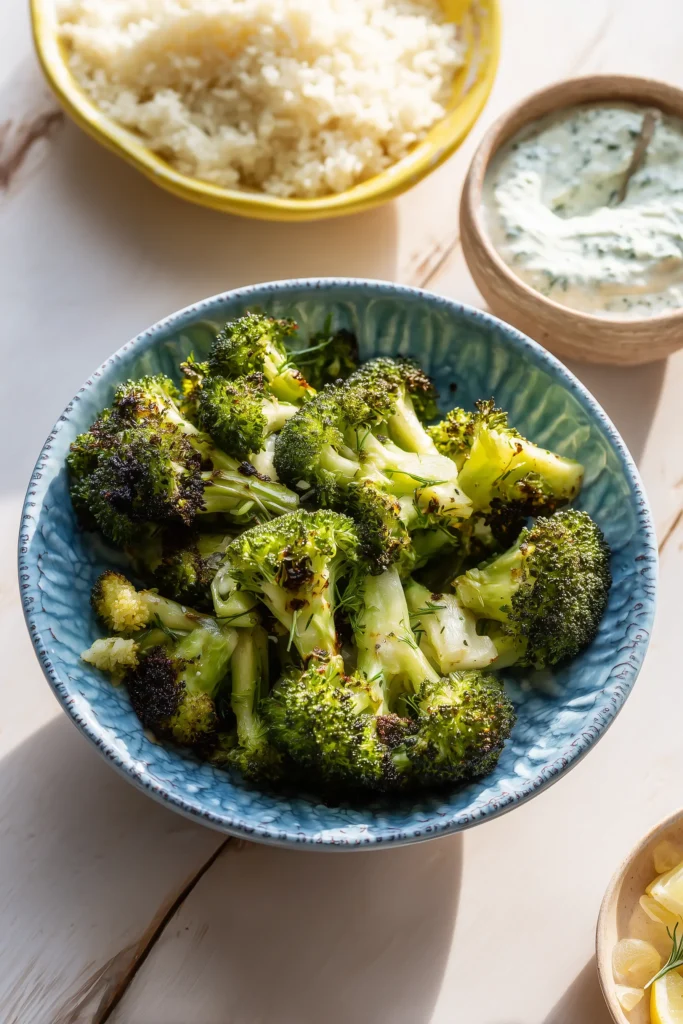 Ginger-Garlic Roasted Broccoli 4 Ginger-Garlic Roasted Broccoli with herbed yogurt dip and fluffy jasmine rice, styled overhead.