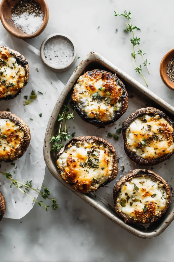 A tray of portabella mushrooms baked with cheese and crispy edges, highlighting the portabella mushroom recipe.