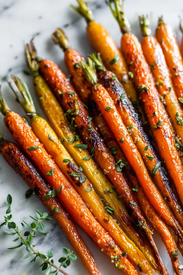 A platter of Great Roasted Carrots with caramelized edges and herbs arranged on a white marble background.