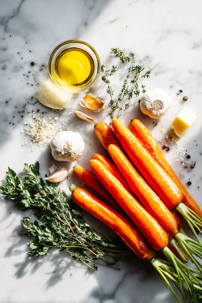 Fresh carrots, herbs, oil, and seasonings for Great Roasted Carrots displayed on white marble.