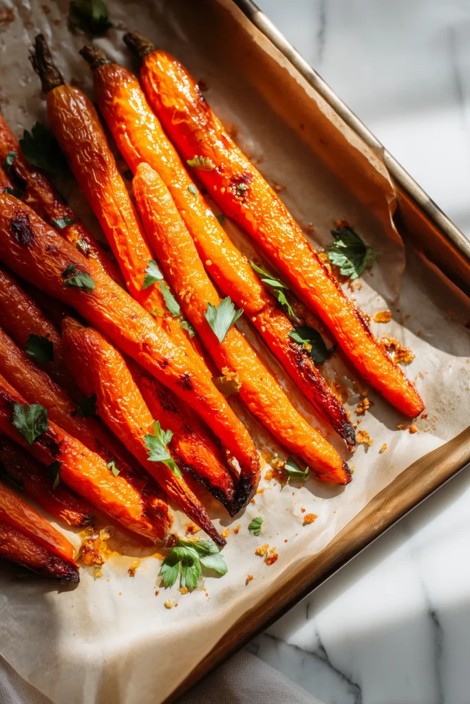 Golden roasted Great Roasted Carrots on a parchment-lined baking sheet with parsley.