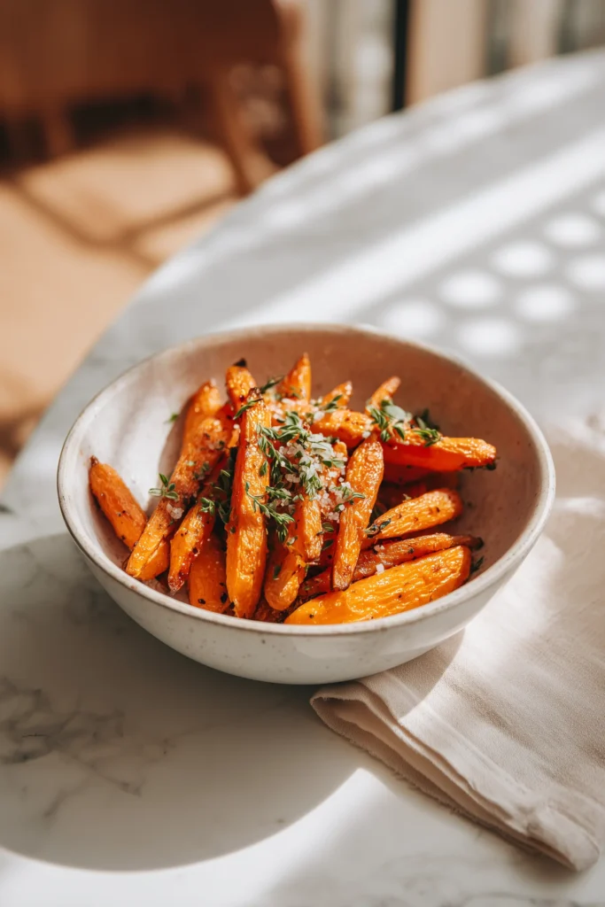 A white bowl filled with Great Roasted Carrots topped with herbs on a light wood table.