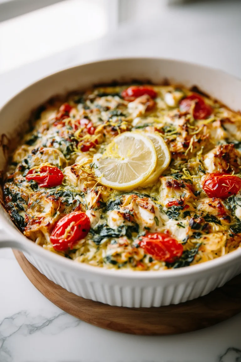 A close-up of Greek Chicken Orzo Bake with chicken, orzo, tomatoes, spinach, and feta, golden and bubbling in a casserole.