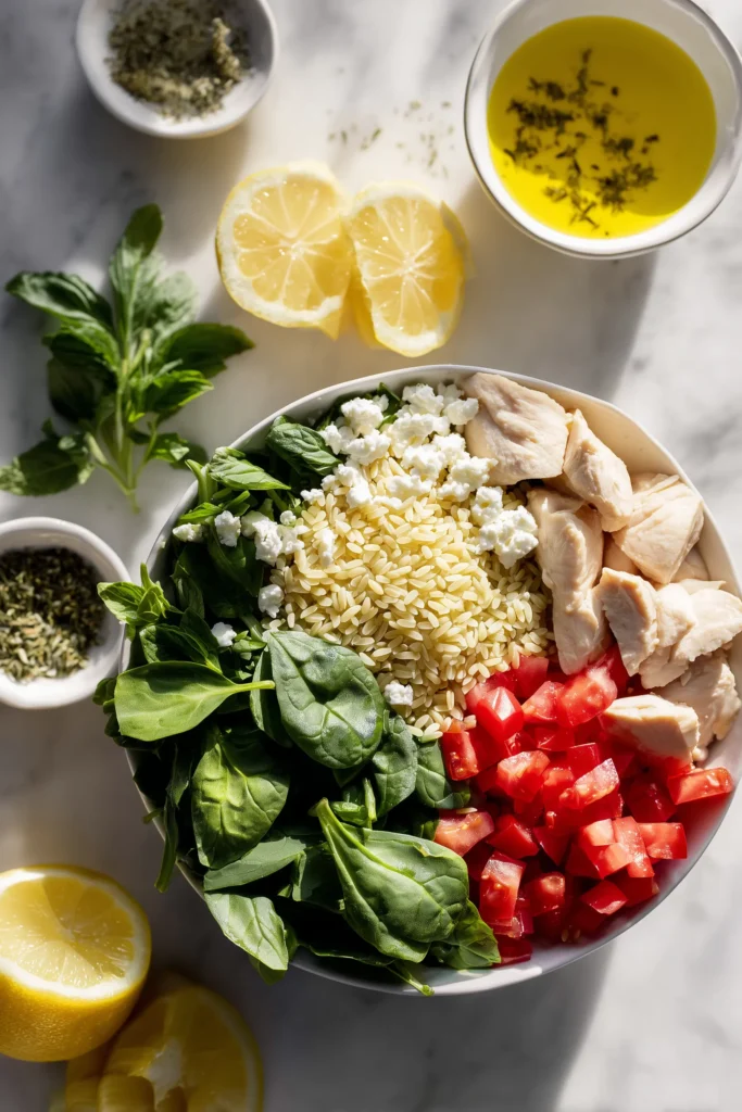 Greek Chicken Orzo Bake 2 All the key ingredients for Greek Chicken Orzo Bake including chicken, orzo, feta, tomatoes, spinach, and herbs on a marble background.
